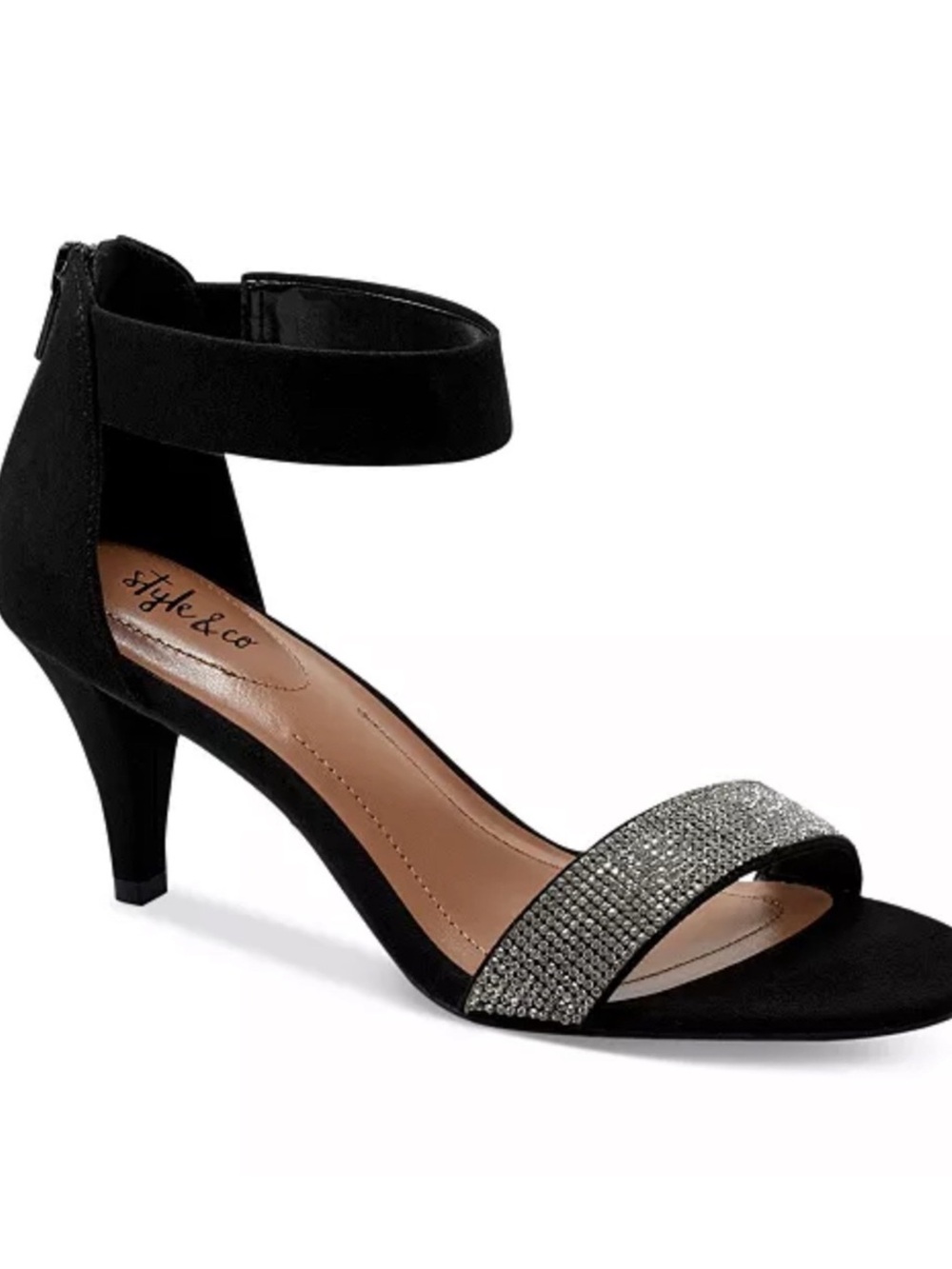 Women's Black Suede Ankle-Strap Heels with Rhinestone Toe Strap 6.5  well worn